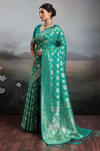 women woven kanjivaram silk blend saree with blouse piece 