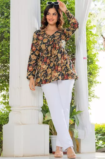 Womens black self design cotton fabric kurtis 3/4 sleeves v-neck