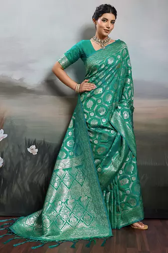 women woven kanjivaram silk blend saree with blouse piece 