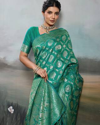 women woven kanjivaram silk blend saree with blouse piece  5