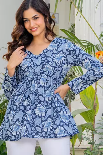 Womens blue self design cotton fabric kurtis 3/4 sleeves v-neck
