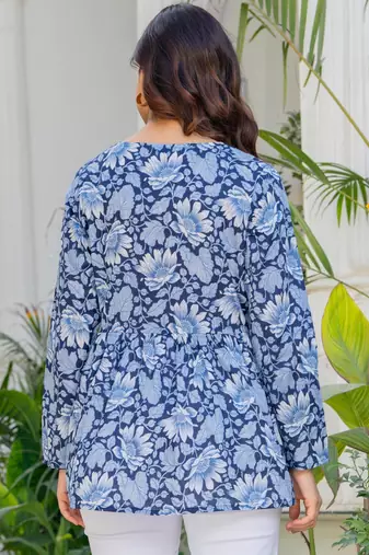 Womens blue self design cotton fabric kurtis 3/4 sleeves v-neck