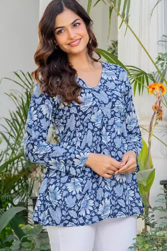 Womens blue self design cotton fabric kurtis 3/4 sleeves v-neck