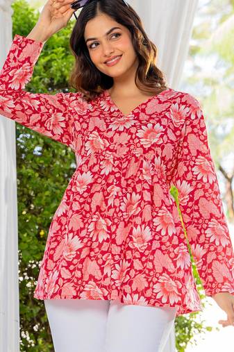 Womens red self design cotton fabric kurtis 3/4 sleeves v-neck