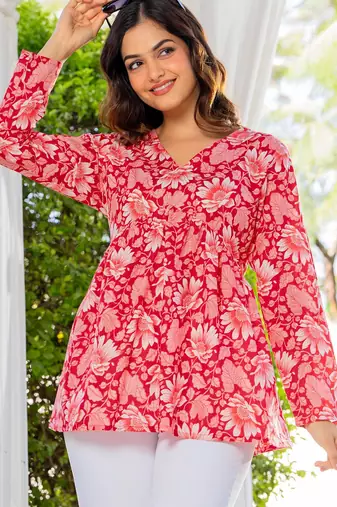 Womens red self design cotton fabric kurtis 3/4 sleeves v-neck