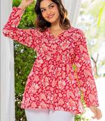 Womens red self design cotton fabric kurtis 3/4 sleeves v-neck