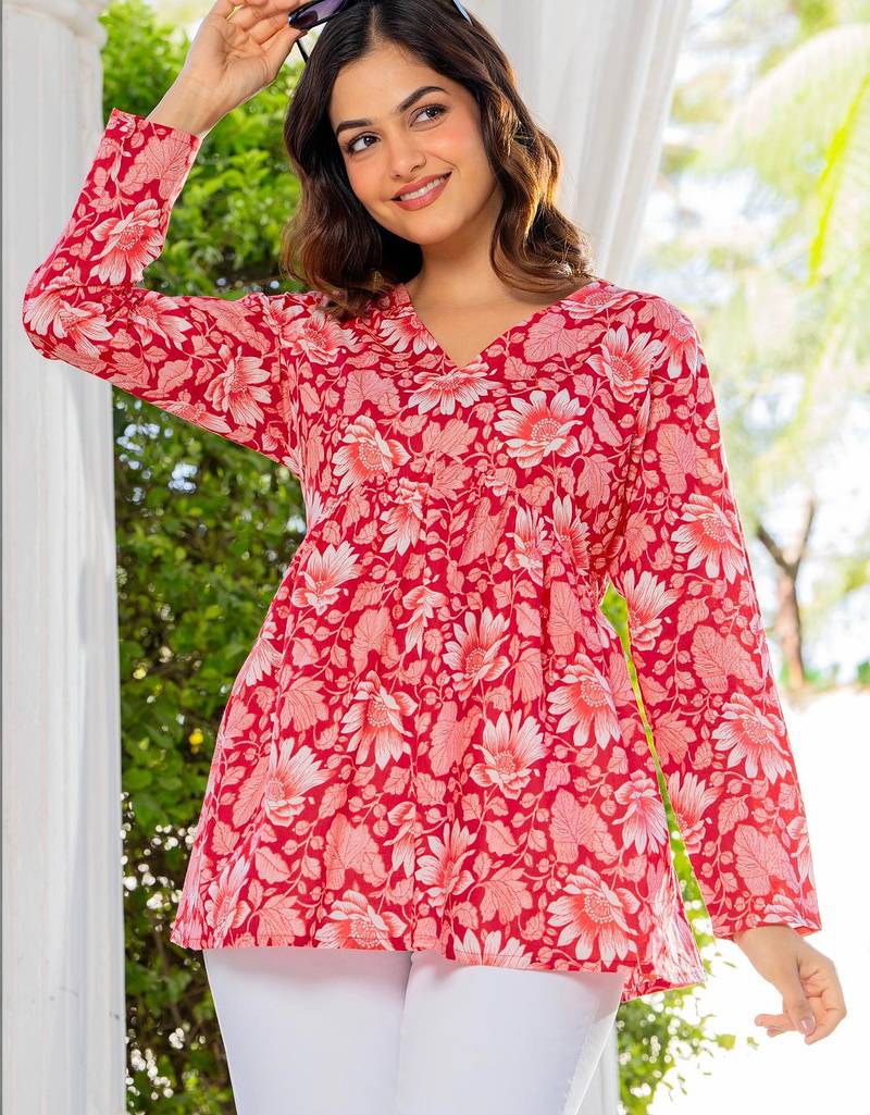 Womens red self design cotton fabric kurtis 3/4 sleeves v-neck