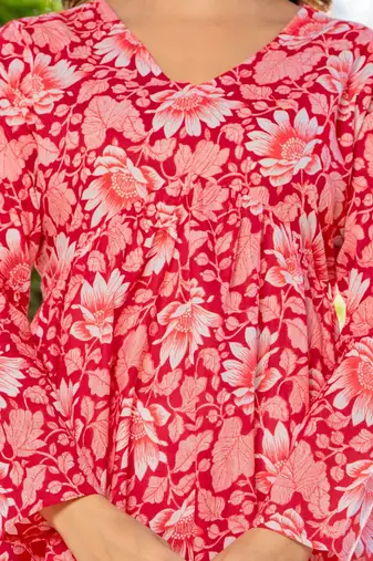 Womens red self design cotton fabric kurtis 3/4 sleeves v-neck