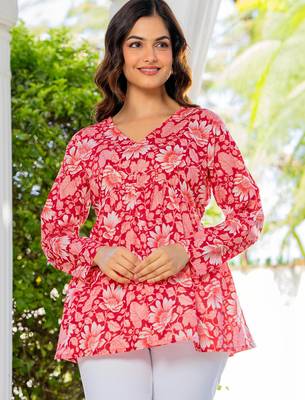 Womens red self design cotton fabric kurtis 3/4 sleeves v-neck 3