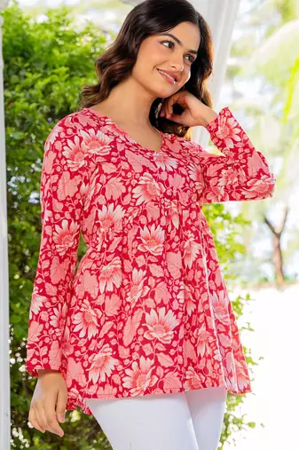 Womens red self design cotton fabric kurtis 3/4 sleeves v-neck