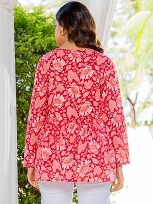 Womens red self design cotton fabric kurtis 3/4 sleeves v-neck 5