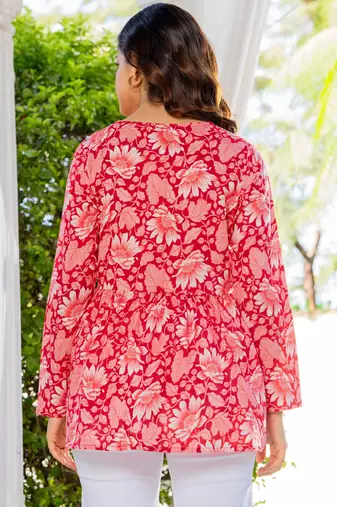 Womens red self design cotton fabric kurtis 3/4 sleeves v-neck