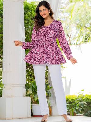 Womens purple self design cotton fabric kurtis 3/4 sleeves v-neck 1