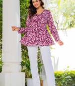 Womens purple self design cotton fabric kurtis 3/4 sleeves v-neck