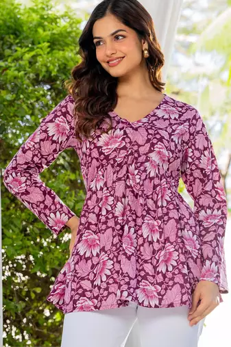 Womens purple self design cotton fabric kurtis 3/4 sleeves v-neck
