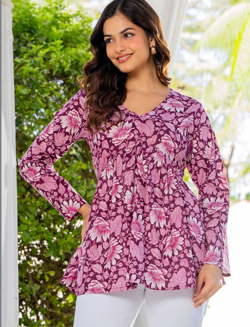 Womens purple self design cotton fabric kurtis 3/4 sleeves v-neck