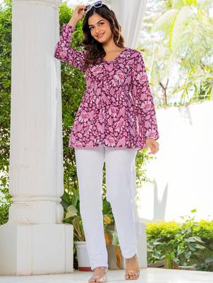 Womens purple self design cotton fabric kurtis 3/4 sleeves v-neck 4