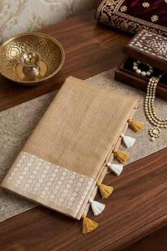 mustard beige linen saree for women elegant festive ethnic wear saree