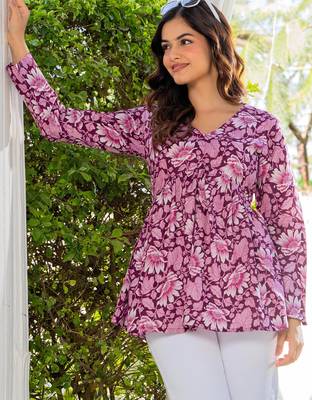 Womens purple self design cotton fabric kurtis 3/4 sleeves v-neck 5