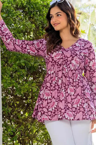 Womens purple self design cotton fabric kurtis 3/4 sleeves v-neck