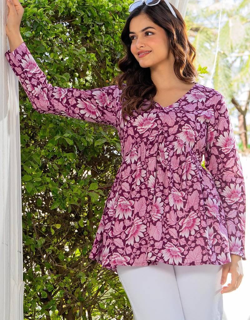 Womens purple self design cotton fabric kurtis 3/4 sleeves v-neck
