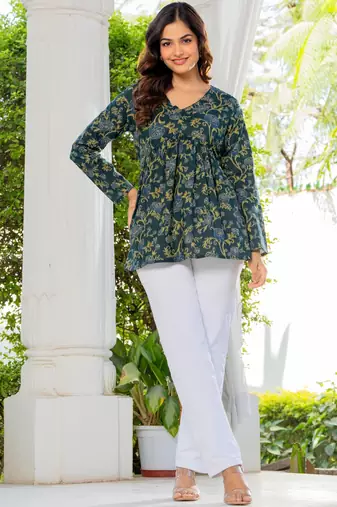 Womens green self design cotton fabric kurtis 3/4 sleeves v-neck