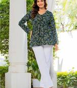 Womens green self design cotton fabric kurtis 3/4 sleeves v-neck