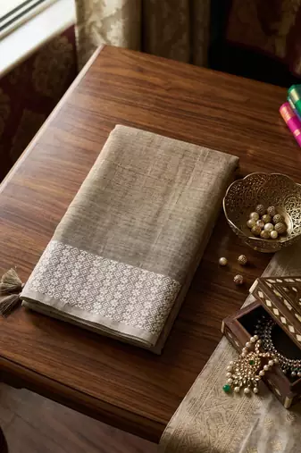 beige linen saree for women elegant festive wear ethnic wedding saree