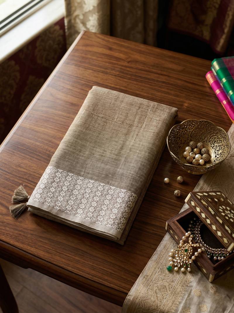 beige linen saree for women elegant festive wear ethnic wedding saree