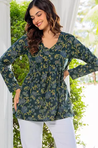 Womens green self design cotton fabric kurtis 3/4 sleeves v-neck