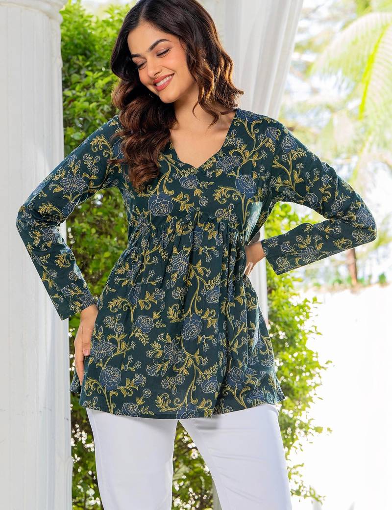 Womens green self design cotton fabric kurtis 3/4 sleeves v-neck