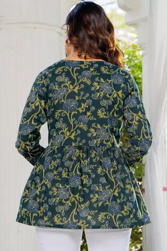 Womens green self design cotton fabric kurtis 3/4 sleeves v-neck