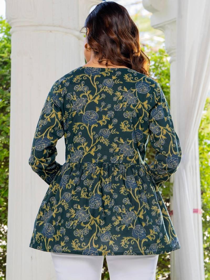 Womens green self design cotton fabric kurtis 3/4 sleeves v-neck