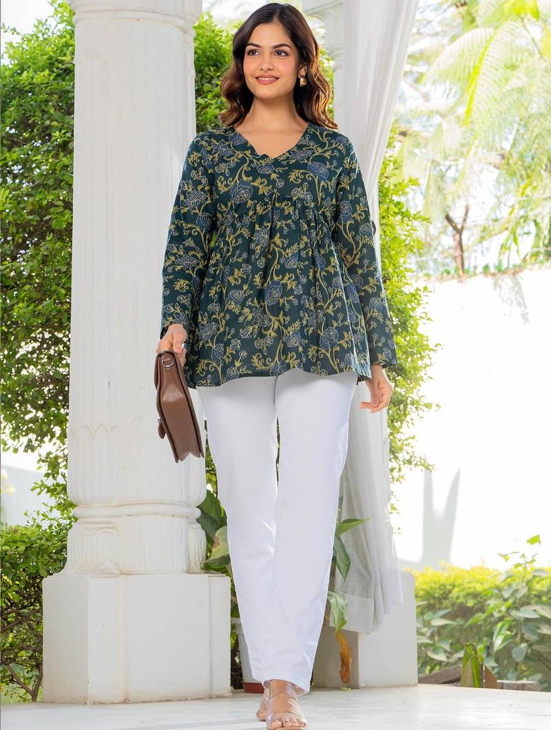 Womens green self design cotton fabric kurtis 3/4 sleeves v-neck