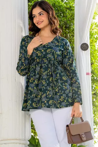 Womens green self design cotton fabric kurtis 3/4 sleeves v-neck