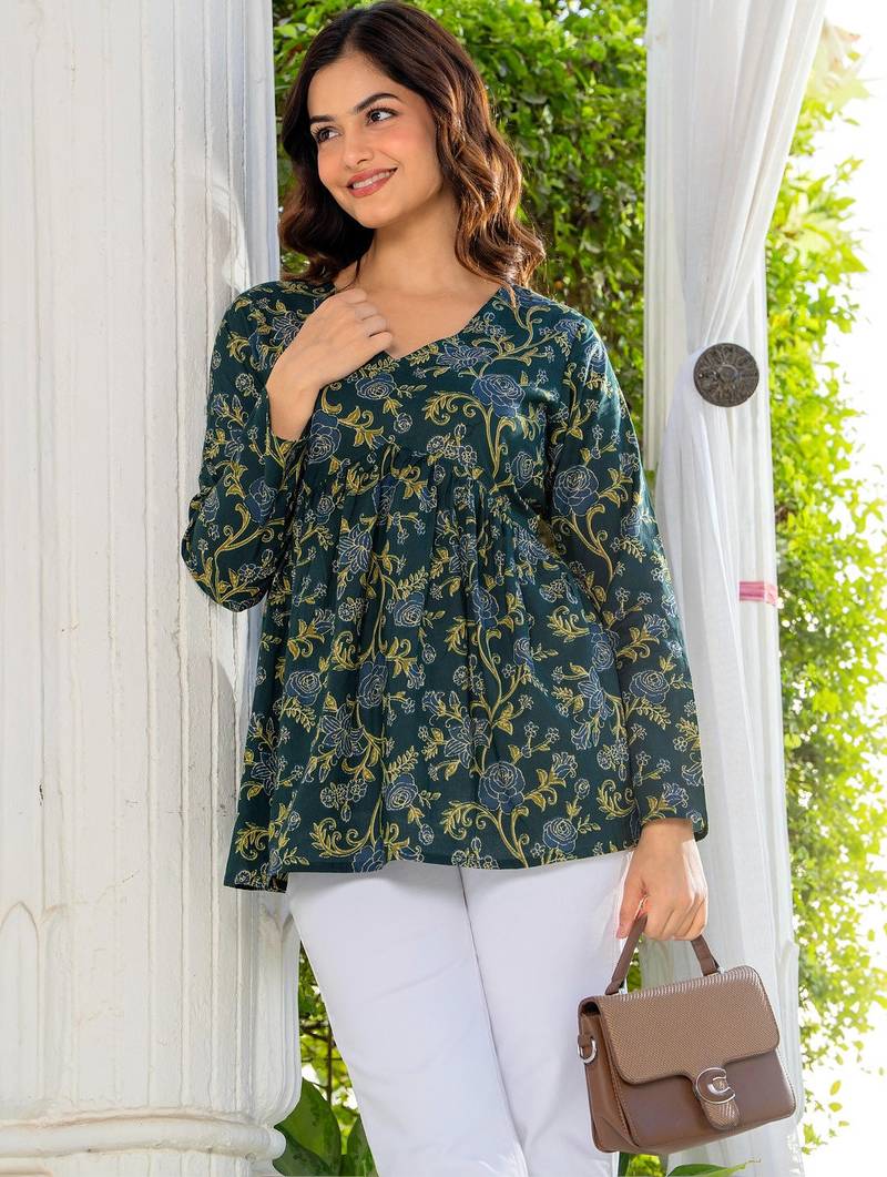 Womens green self design cotton fabric kurtis 3/4 sleeves v-neck