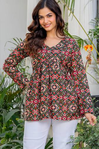 Womens multi self design cotton fabric kurtis 3/4 sleeves v-neck
