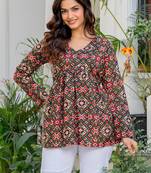 Womens multi self design cotton fabric kurtis 3/4 sleeves v-neck