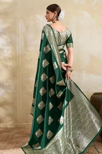 dark green banarasi soft silk blend saree for women 