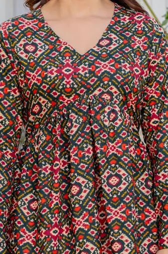Womens multi self design cotton fabric kurtis 3/4 sleeves v-neck