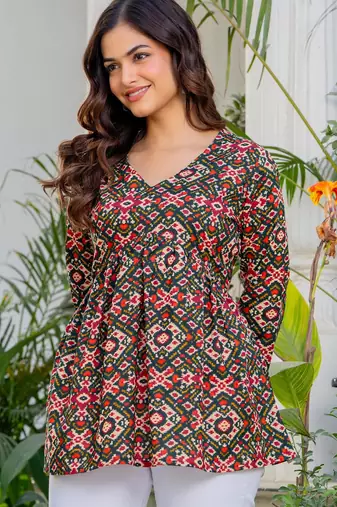 Womens multi self design cotton fabric kurtis 3/4 sleeves v-neck