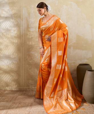 orange banarasi soft silk blend saree for women  2