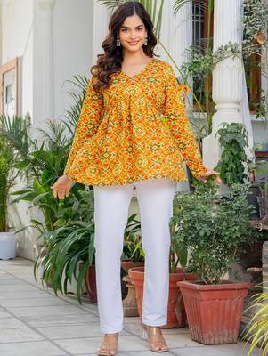 Womens yellow self design cotton fabric kurtis 3/4 sleeves v-neck 1