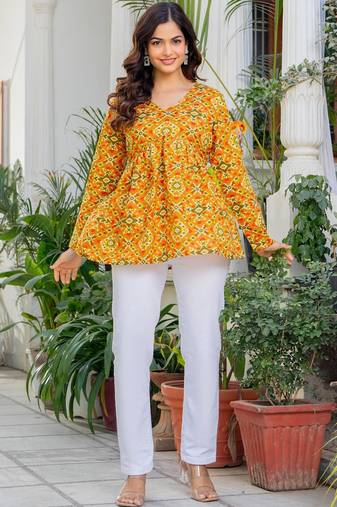 Womens yellow self design cotton fabric kurtis 3/4 sleeves v-neck