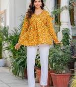 Womens yellow self design cotton fabric kurtis 3/4 sleeves v-neck