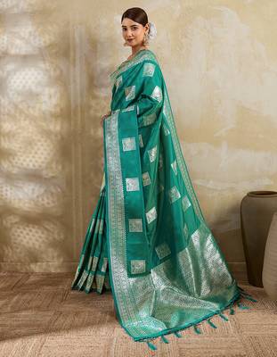 teal banarasi soft silk blend saree for women  2