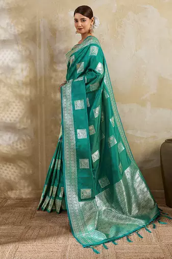 teal banarasi soft silk blend saree for women 