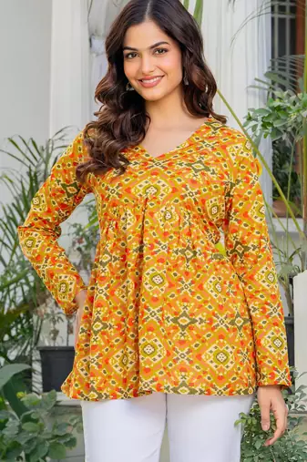 Womens yellow self design cotton fabric kurtis 3/4 sleeves v-neck