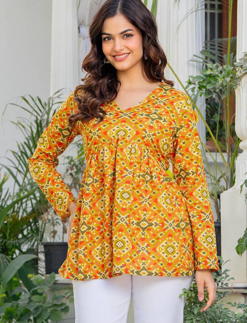 Womens yellow self design cotton fabric kurtis 3/4 sleeves v-neck