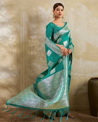 teal banarasi soft silk blend saree for women  4
